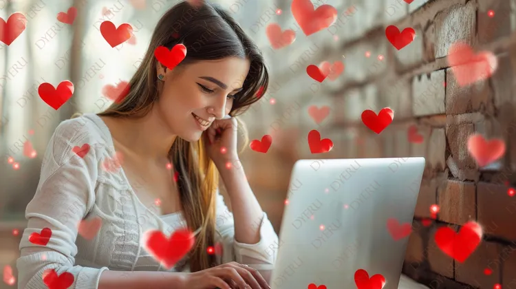 אישה צעירה מחייכת מול מחשב עם לבבות רומנטיים ברקע